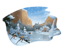 Painted winter scene with pine trees, mountains and skiiers